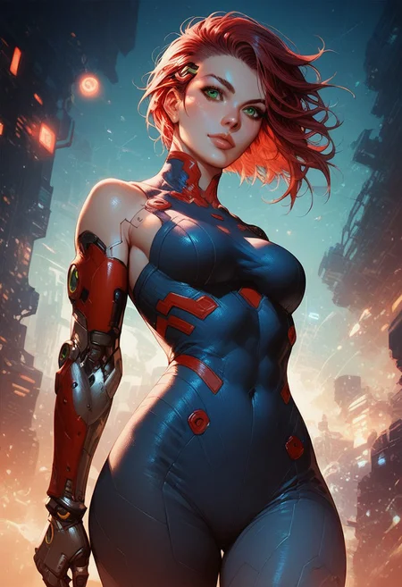 score_9, score_8_up, score_7_up, score_6_up, rating_questionable, 1girl, Jane, JaneRH, short red hair, swept hair, fit, medium breasts, green eyes, beautiful lips, pefect ass, HD32k, cyberpunk, anime, cyberpunk scenario, armor, red tint, futuristic, front view, cowboy shot, perspective, detailed background, warpaint, prosthetic arm, sexy look
