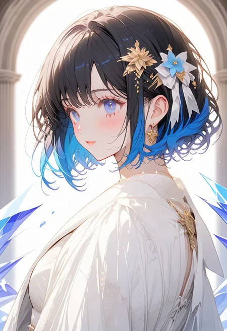 1girl, solo, ((Shion Tachibana, Perfect Face, Short hair, Black hair, Multicolored Blue hair, Expressive eyes, Blue crystal eyes)), expressive face, blushing, closed mouth, perfect body, perfect breast, tall, white skin, wedding dress, gold ornament, hair ornament, church, blue sky, cinematic lighting , cinematic angle, soft light , color detail, backlighting, Depth of field, long exposure, light steps, intricate colors, vibrant colors, negative_hand, easynegative, verybadimagenegative_v1.3,