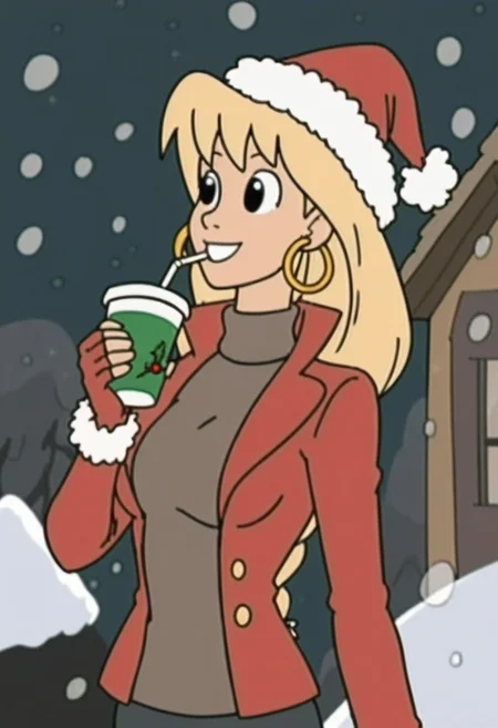 woman,tiffany,kangoo,1girl, jewelry, earrings, hat, solo, hoop earrings, blonde hair, cup, christmas, jacket, long hair, black eyes,female, snowing, gloves, snow, holding, santa hat, food, red gloves, fingerless gloves, red headwear, red jacket, disposable cup, holding cup, smile, open jacket, drinking straw, holly, gift, turtleneck, box, plate, upper body
