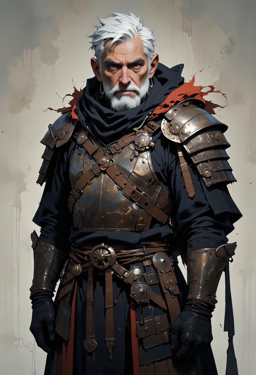a grand father in a samurai armor, techwear, ultra-realistic, highly detailed, studio lighting. Niji style.