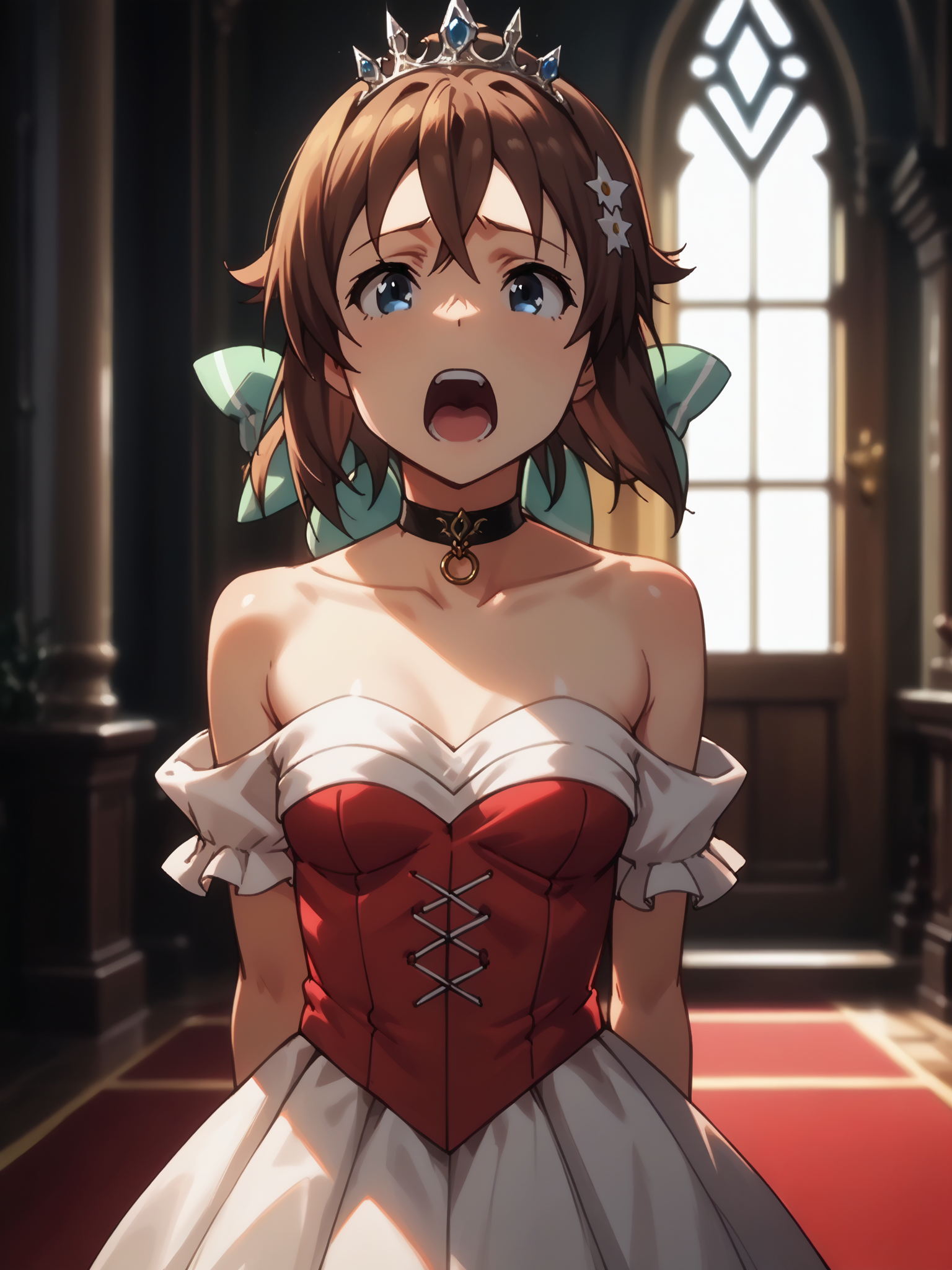 (upper body, solo focus:1.2) <lora:happy_tentacle-koinaka-mio-v0.1-000030:1>, ht_koinaka_mio, (petite:1.2), <lora:Shed_The_Skin's StS_age_slider_v1_initial_release:-1.25> ( ( choker :1.1) :1.1) ( , , ( aroused :1.2) , screaming , (looking at viewer:0.6) :1) indoors, ((dusk :0.6), :0.8), (open window :0.9), (furniture:0.9), loaded interior , (sidelighting:0.5), (light rays, light particles:0.5) , , people , ( :0.9), throne room, red carpet, queen, layered dress, bare shoulders, tiara, ( :0.8) score_9, score_8_up, score_7_up, score_6_up, score_5_up, score_4_up, ( [(realistic, photorealistic:1.3):(realistic:1.2):16] [(3d:1.2)::14] :1) <lora:LUUNA's Lunas-NijiJourney-SDXL-B2:0.35>, nijijourney <lora:prgfrg23's Counterfeit-V3.0 Style SDXL_LoRA_Pony Diffusion V6 XL:0.6> <lora:mfcg's mfcgXL:0.12> <lora:reweik's gyokai(himehajime)_PonyXL_style_v01:0.14>