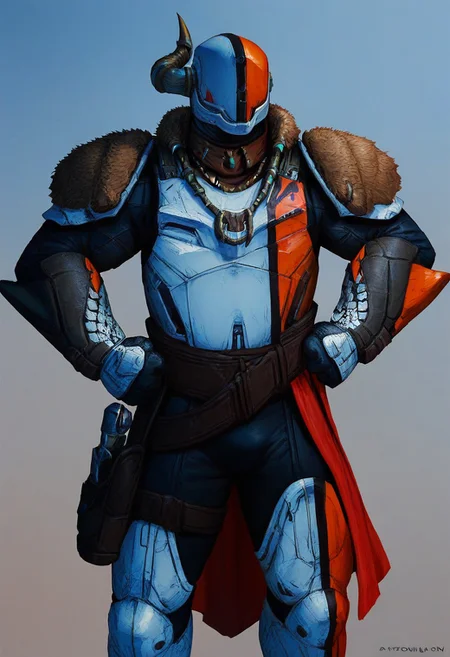 score_9, score_8_up, score_7_up, solo, 1boy, lord_sh@xx, helmet, armor, pauldrons, belt, necklace, muscular, standing, hands on hips,