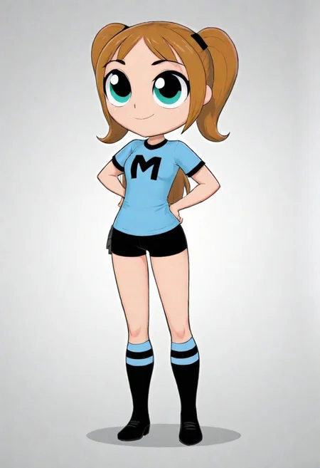 Score_9, (ppg), masterpiece, best quality, a ppg woman, powerpuff girl style, green blue eyes, blue shirt, long hair, brown hair, tied hair, bubbles, cartoon, cute, superhero, stylish letter M on the t-shirt, simple background, modernism, black pantyhose, smiling, looking at viewer