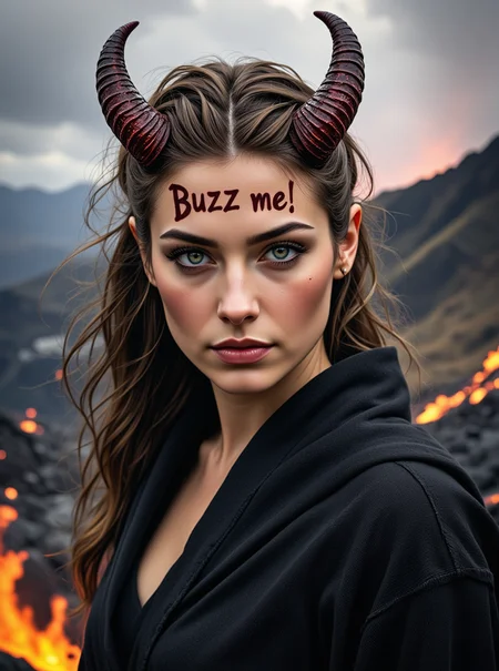 volcanic landscape, beautiful woman, beautiful detailed face, detailed multi color eyes, black robe, demon horns, demon wings, evil, determined, teeth, realistic face, glowing firy letters on forehead "Buzz me!", magical text written on forehead "Buzz me!" <lora:Jibs_Midjourney_Fantasy_Style_1:0.65>