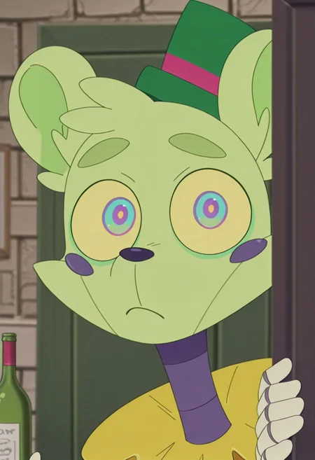 score_9, score_8_up, score_7_up, source_anime, anime screencap, anime coloring, flat color, show accurate, 1boy, sexy boy, solo, r1b_wtdw, furry, robot, animatronic, multicolored tail, multiple arms, extra arms, multicolored eyes, yellow sclera, cyan eyes, wine bottles, portrait, close up, long neck, face focus, kl_h, kilroy was here,meme, wall, brick wall, peeking out, hiding, looking at viewer, facing viewer, half torso, steamy body, vanishing point, green background, cupboard
