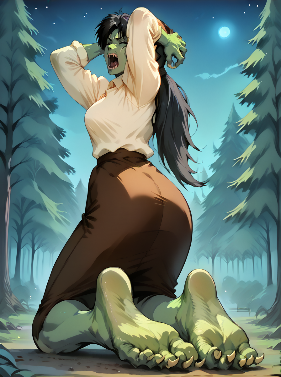 <lora:setsuko_-_ogre_slayer_pony_v1:0.9>, <lora:takeda_hiromitsu_style_pdxl_v2_goofy:0.3>, <lora:cutesexyrobutts_style_pdxl_v3:0.3>, <lora:PONYXL_LewisArt_ownwaifu:0.3>, s3tsukohum4n, 1girl, from behind, looking back, kneeling, hands on own head, closed eyes, open mouth, screaming, foot focus, green skin feet, claws, clawed feet, monster feet, yellow blouse, ponytail, brown skirt, ponytail, black hair, exterior, trees, spooky forest, night, score_9, score_8_up, score_7_up, score_6_up, score_5_up, score_4_up,