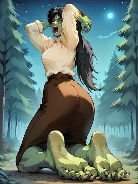 <lora:setsuko_-_ogre_slayer_pony_v1:0.9>, <lora:takeda_hiromitsu_style_pdxl_v2_goofy:0.3>, <lora:cutesexyrobutts_style_pdxl_v3:0.3>, <lora:PONYXL_LewisArt_ownwaifu:0.3>, s3tsukohum4n, 1girl, from behind, looking back, kneeling, hands on own head, closed eyes, open mouth, screaming, foot focus, green skin feet, claws, clawed feet, monster feet, yellow blouse, ponytail, brown skirt, ponytail, black hair, exterior, trees, spooky forest, night, score_9, score_8_up, score_7_up, score_6_up, score_5_up, score_4_up,