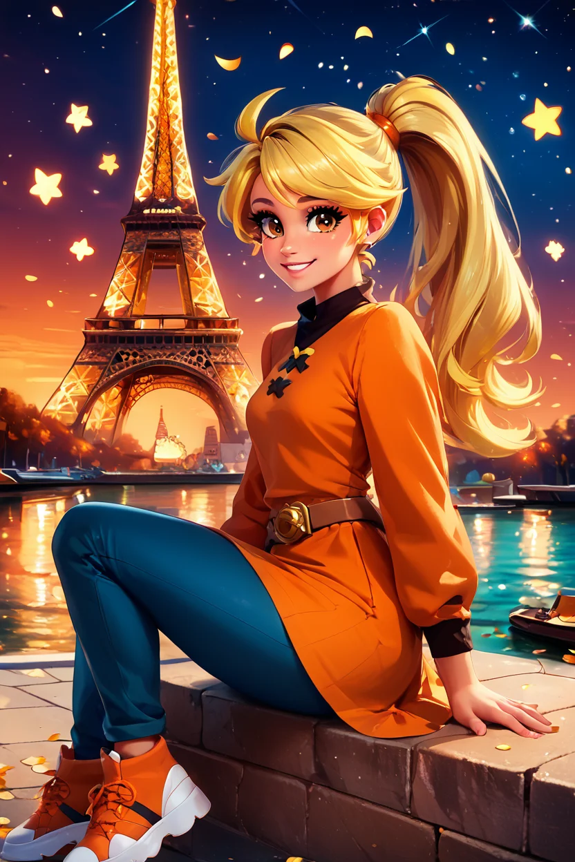 score_9, score_8_up, score_8, medium breasts, (curvy), cute, eyelashes, BREAK, , zzYellow, brown eyes, blonde hair, long hair, ponytail, bangs, orange tunic, brown belt, pants, <lora:Yellow_Pokemon_PDXL_v2:0.8>, , BREAK, zzEiffelTower in background, sitting, watercraft, boat, sitting on wall, side view, looking at viewer, smile, BREAK, blooming stars, luminescent petals, otherworldly fragrance blurry background, embedding:zPDXL, Expressiveh, <lora:EiffelTowerPDXL:1.0>, <lora:CatalystStylePDXL:0.6>, <lora:SDXLFaeTastic2400:0.5>, <lora:Expressive_H-000001:0.4>,