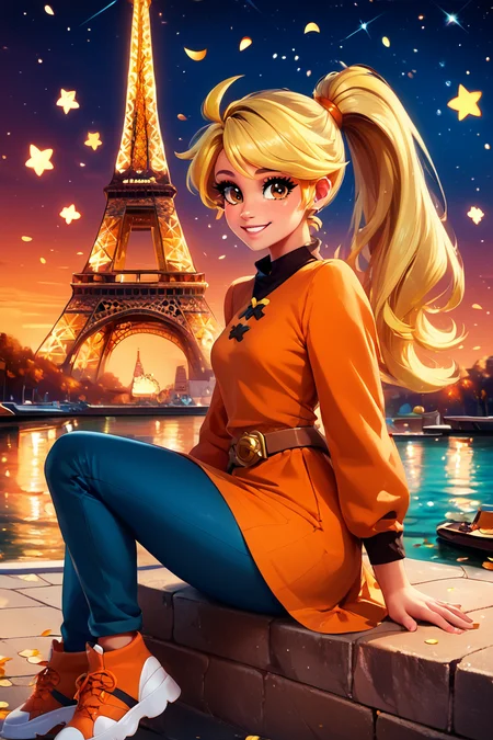 score_9, score_8_up, score_8, medium breasts, (curvy), cute, eyelashes, BREAK, , zzYellow, brown eyes, blonde hair, long hair, ponytail, bangs, orange tunic, brown belt, pants, <lora:Yellow_Pokemon_PDXL_v2:0.8>, , BREAK, zzEiffelTower in background, sitting, watercraft, boat, sitting on wall, side view, looking at viewer, smile, BREAK, blooming stars, luminescent petals, otherworldly fragrance blurry background, embedding:zPDXL, Expressiveh, <lora:EiffelTowerPDXL:1.0>, <lora:CatalystStylePDXL:0.6>, <lora:SDXLFaeTastic2400:0.5>, <lora:Expressive_H-000001:0.4>,