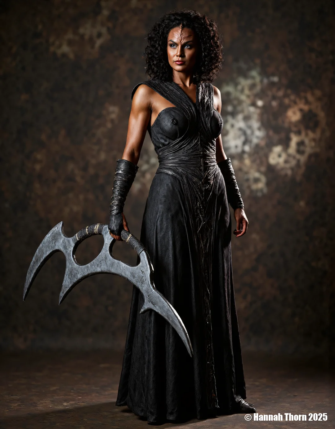 Photo of a klingon woman with curly black hair, wearing a black sleeveless dress with intricate patterns, holding a large, black axe in her right hand. She has a serious expression and is standing against a dark, smoky background. The lighting is dramatic, highlighting her curves and the texture of her dress. The image is high quality <lora:_Flux\Klingon_Female.safetensors:1.0:1.0>