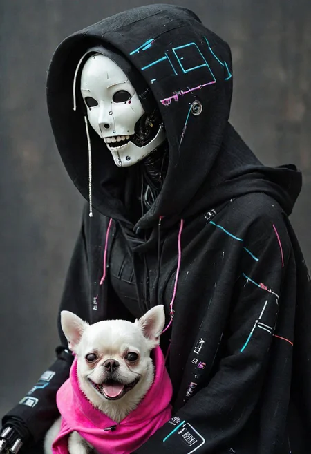 Dystopian Sci-fi Punk robot with oversized hooded vibrant neon digital data Print Cape No Face laughing sits quietly with a fluffy white hellish small dog on its lap. the scene of a used and dirty detailed neon pop-art looking hooded dystopien cyborg draped in a thick dirty linen cloak. detailed dirty used look, Its face remains concealed, and the cloak over its head is made of coarse, thick, dirty, torn and worn white linen fabric. It exudes a silent presence, as the surroundings are permeated with a blend of solitude and tender moments of affection. cables, wires, very detailed, atmospheric haze, dimmed light