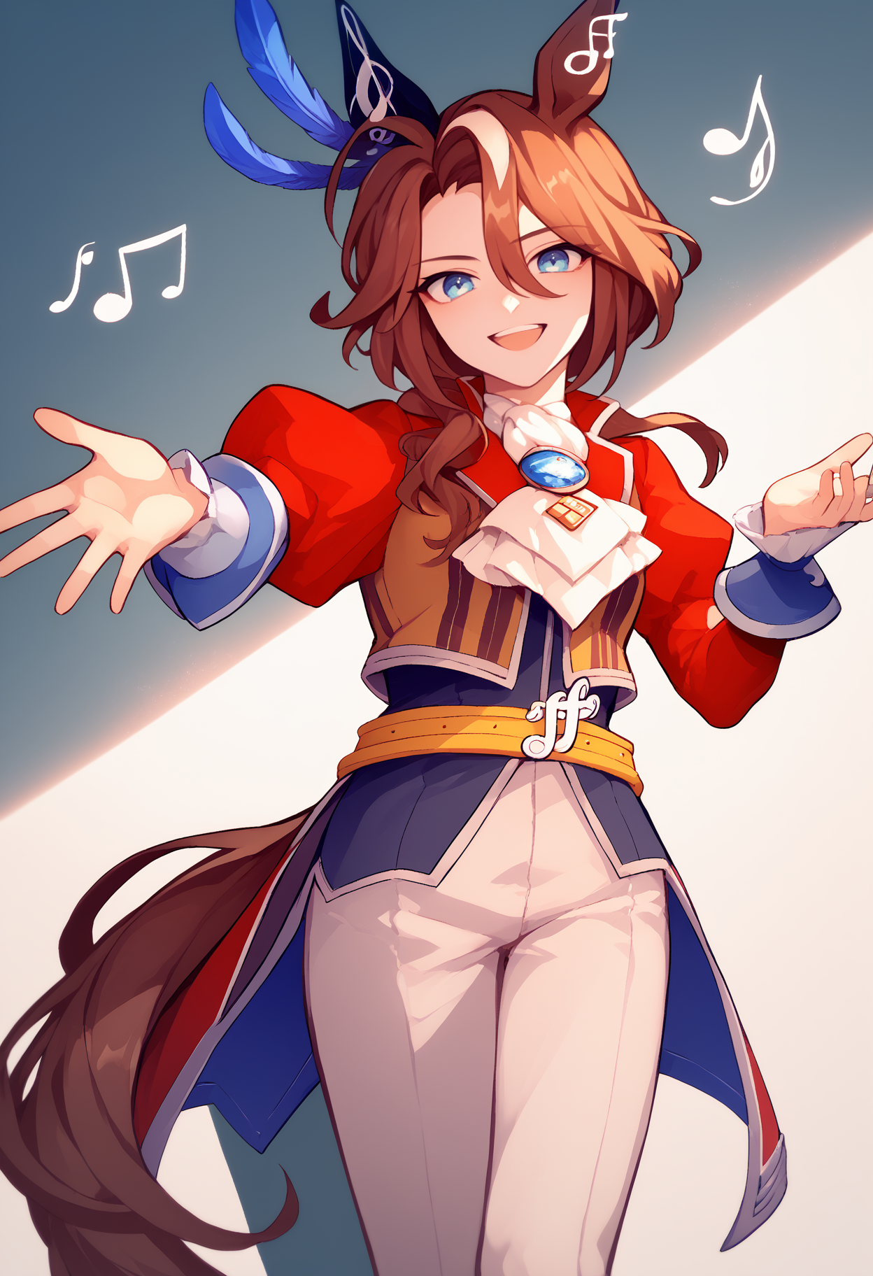 score_9, score_8_up, score_7_up, score_6_up, source_anime, solo, 1girl, soundsofearth, smile, open mouth, looking at you, outstretched arm, horse tail, feather hair ornament, animal ears, ear ornament, ear covers, single ear cover, red jacket, long sleeves, white ascot, puffy sleeves, yellow belt, white pants, spotlight, musical note, eighth note, sixteenth note
<segment:yolo-face_yolov8m.pt,0.4,0.5>