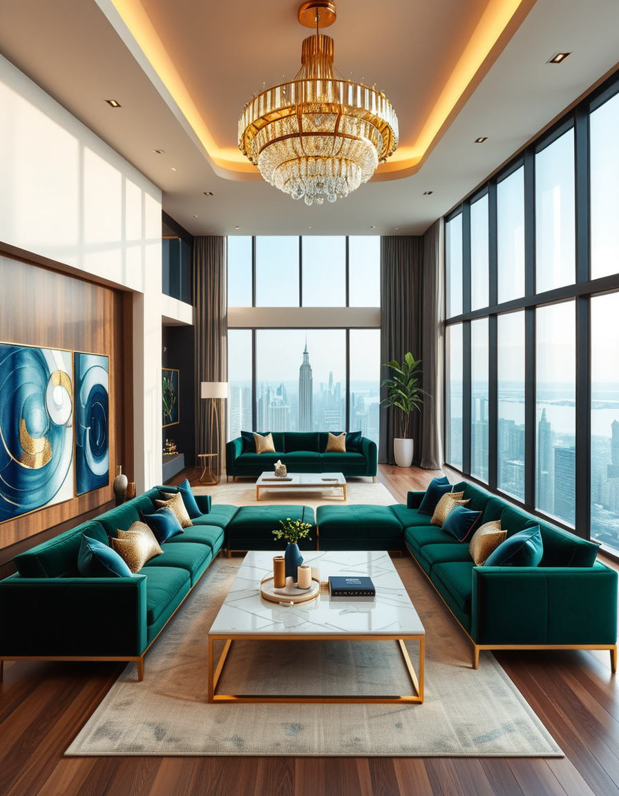 A lavish and modern luxury living room with a spacious open layout. The room features a grand chandelier with crystal details hanging from a high ceiling. Plush velvet sofas in deep emerald green and navy blue are arranged around a sleek marble coffee table with gold accents. The floor-to-ceiling windows allow natural light to flood the space, revealing a breathtaking city skyline in the background. A contemporary fireplace with a sculptural design adds warmth, while elegant artwork and designer decor pieces complete the sophisticated ambiance. The lighting is soft and ambient, creating a cozy yet opulent atmosphere.
<lora:SDXLFaeTastic2400:0.4> <lora:extremely_detailed:0.4> extremely detailed,  <lora:luxurious_l1v1ng_r00m:1>,luxurious l1v1ng r00m, Masterpiece,best quality,hi res,8k,hi res,8k,award winning,(sharp focus, intricate, highly detailed),