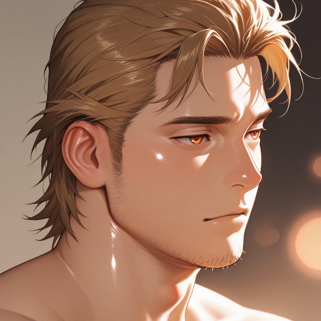 masterpiece, best quality, amazing quality, absurdres, newest, detailed background, definition so sharp, Ultra-HD, 8K cinematic, very awa, impressionate, amazing quality, highres, 
solo, male focus, manly, plump, shadow, shiny skin,
ekusoushizumu, ekusou_brunette, ekusou_orange eyes, 1boy, short hair, sideburns, stubble, soft_focus, ethereal, dreamy, pastel_colors, bokeh, blurry_background, gentle_expression, serene, melancholy_beauty, subtle_glow, airy, wispy_hair, close_up, portrait