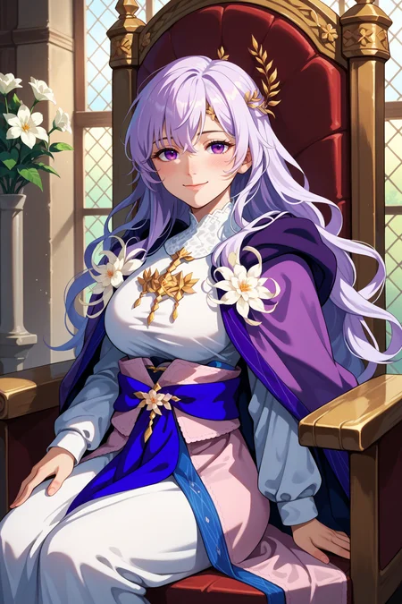 score_9, score_8_up, score_7_up, score_6_up, source_anime, 1girl, solo, <lora:fedeirdre-pdxl-nvwls-v1-000006:1> ftsdrd, wavy hair, white hair, long hair, purple eyes, hair ornament, white gown, purple cape, sash, long sleeves, flower, sitting, indoors, throne, medieval, looking at you, smile, closed mouth, blush, big breasts