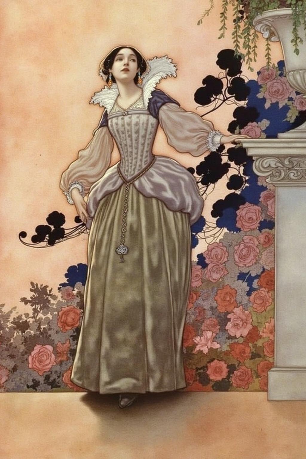charob1 illustration.
A woman standing in a garden. The woman is dressed in a Renaissance-style gown with a fitted bodice and voluminous skirt, typical of the 16th century.
 <lora:charob1_cap_d6a3e11:1.0><lora:824699137762173031:0>