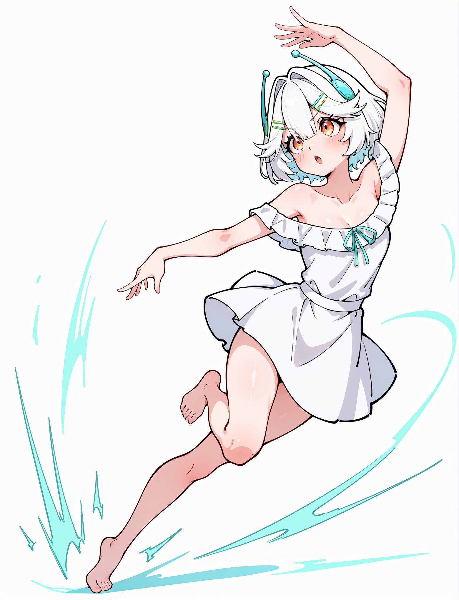 <lora:DynamicPoseIL2att_alpha1.0_rank4_noxattn_900steps:3> dynamic pose, foreshortening, extreme perspective, full body, dancing, 1girl,
<lora:EllieMinibotV1:1> ellieminibot, white hair, bangs, hair between eyes, short hair, hairclip, hair hair intakes, orange eyes, hair ornament, collarbone, bare shoulders, teal ribbon, off shoulder dress, white dress, barefoot,, masterpiece, best quality, amazing quality, very aesthetic, absurdres, newest