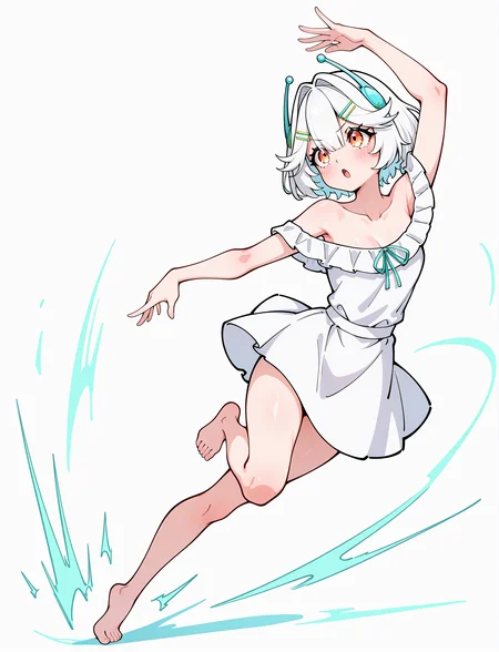 <lora:DynamicPoseIL2att_alpha1.0_rank4_noxattn_900steps:3> dynamic pose, foreshortening, extreme perspective, full body, dancing, 1girl,
<lora:EllieMinibotV1:1> ellieminibot, white hair, bangs, hair between eyes, short hair, hairclip, hair hair intakes, orange eyes, hair ornament, collarbone, bare shoulders, teal ribbon, off shoulder dress, white dress, barefoot,, masterpiece, best quality, amazing quality, very aesthetic, absurdres, newest
