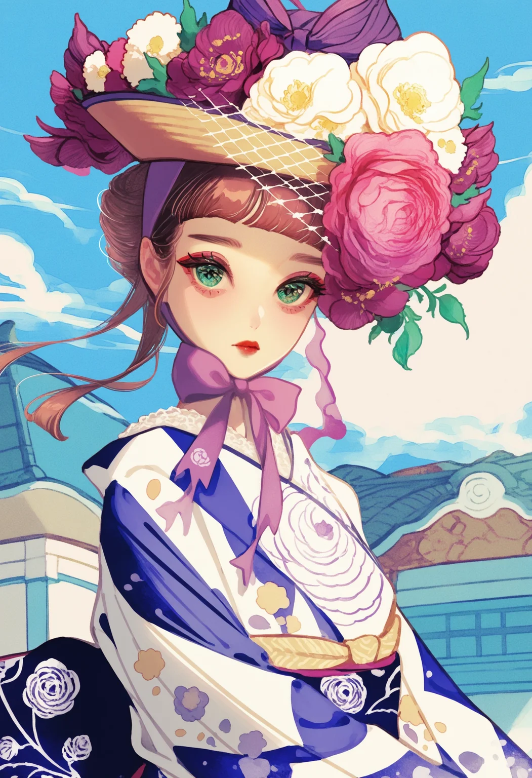 1girl, flower, solo, japanese clothes, kimono, sky, hat flower, cloud, brown hair, green eyes, looking at viewer, white flower, upper body, outdoors, blue sky, floral print, chin strap, purple flower, purple ribbon, day, red lips, makeup, hat, print kimono, ribbon, sash, purple bow, pink flower, cloudy sky, rose, blunt bangs,closed mouth, expressionless, BREAK,highres,absurdres,masterpiece,newest,best quality,Visual impact,very awa,very aesthetic,amazing quality