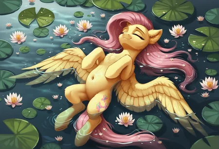 score_9, score_8_up, score_7_up, score_6_up, score_5_up, score_4_up, rating_safe, fluttershy, female, mare, pegasus, pony, solo, belly, belly button, chest fluff, cute, eyes closed, floating, flower, fluffy, high res, lilypad, on back, outdoors, peaceful, serenity, sleeping, slender, water, waterlily, ear fluff, shyabetes, thin, concave belly, smiling, in water, spread wings, cheek fluff, hooves to the chest, three quarter view, shoulder fluff, leg fluff, hoof fluff, stray strand, partially submerged, g4, detailed, beautiful, <lora:Wholesome-MLP-v1.4b:1>