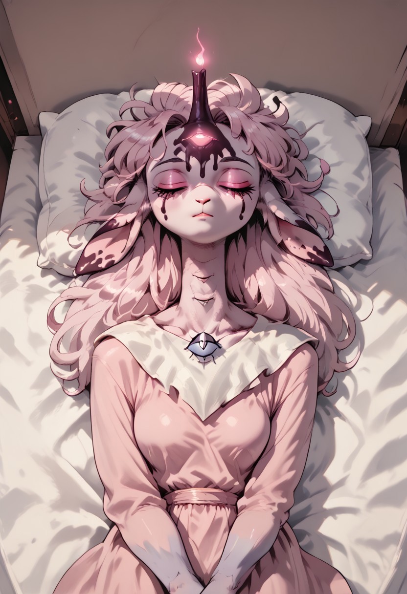 female focus, solo focus, solo, score_9, score_8_up, score_7_up,1girl, belphegorHelluvaBoSSV1, furry female, sheep, furry, 1girl, female Focus, glowing eyes, pink eyes, pokemon (creature), closed eyes, bed, bedroom, sleep, asleep, sleeping