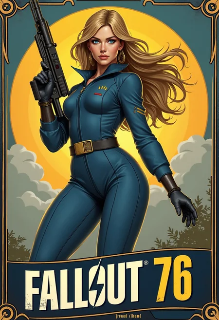 Imagine an Action Hero movie poster for a science fiction movie with art deco framing. Written across across the lower third of the poster in bold, block font are the words "Fallout 76". The Hero woman with blue eyes an long hair holding an assault rifle steampunk, wearing a one-piece blue fallout 76 suit, in an action pose hero landing. xia, ArsMJStyle, Rococo Steampunk, detailmaximizer, vintage speedpaint, ossttn,