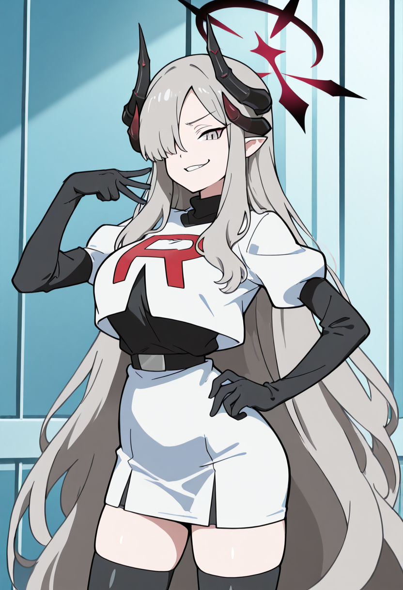 masterpiece, best quality, solo, curvy, beautiful eyes, narrow waist, wide hips, 1girl, solo, smile, looking at viewer,    zzMakoto, horns, long hair, grey hair, demon horns, black horns, halo, multiple horns, pointy ears, grey eyes,    <lora:HanumaMakotoBlueArchive_IXL_v1:1.0>,  , smile, looking at viewer, cowboy shot,  large breasts, smug, Cosplay_TeamRocket, team rocket uniform, white jacket, cropped jacket, white skirt, elbow gloves, black thighhighs, zettai ryouiki, <lora:CosplayTeamRocketIXL:1.0>,