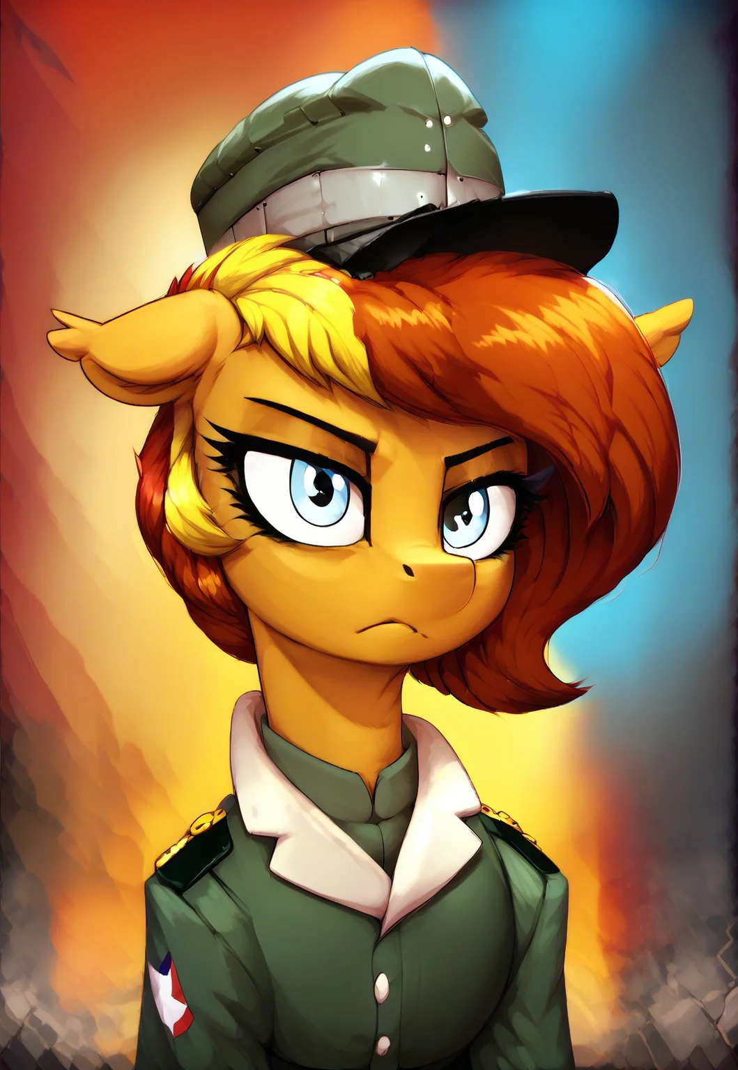 Pony, unicorn, brown skin, serious look, military uniform, special forces helmet, blue eyes, proud pose, 1 in frame,