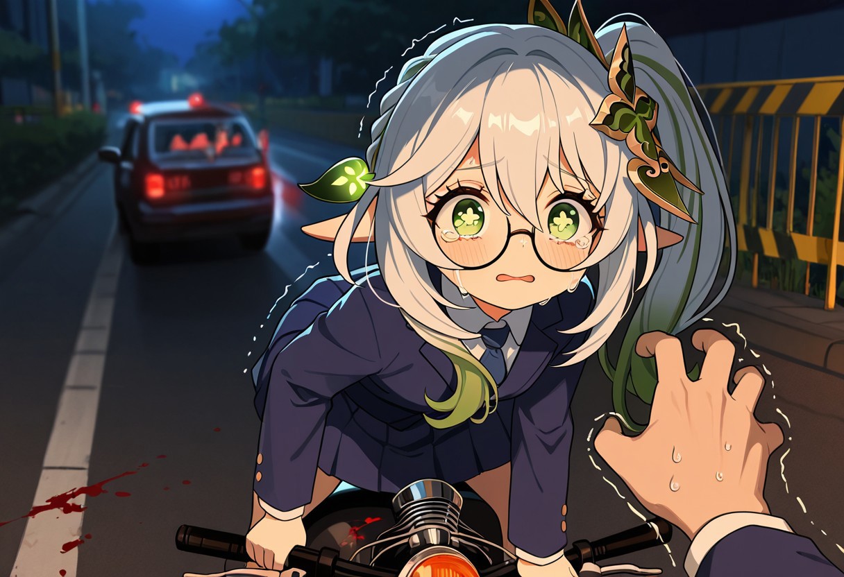 Masterpiece, best quality, amazing quality, very aesthetic, high resolution, dynamic pose, high detail, Smooth, detailed, masterpiece, masterwork, no outlines, t4kar4i_illu, score_9, score_8_up, score_7_up
BREAK 
Nahida(genshin impact),glasses,school uniform, holding kid bycicle,traffic accident,blood stain on clothes and motorcycle,censor blood, trembling hand and a corpse
 ,crying with wide eyes open, nervous sweating, blood ,detail background ,night,warm lighting,(nahida pov)