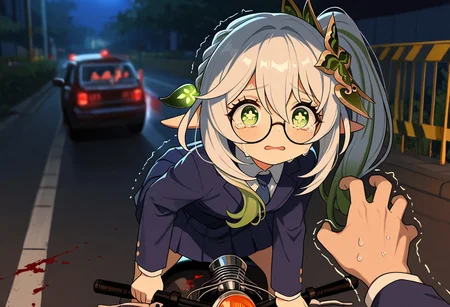 Masterpiece, best quality, amazing quality, very aesthetic, high resolution, dynamic pose, high detail, Smooth, detailed, masterpiece, masterwork, no outlines, t4kar4i_illu, score_9, score_8_up, score_7_up
BREAK
Nahida(genshin impact),glasses,school uniform, holding kid bycicle,traffic accident,blood stain on clothes and motorcycle,censor blood, trembling hand and a corpse
,crying with wide eyes open, nervous sweating, blood ,detail background ,night,warm lighting,(nahida pov)