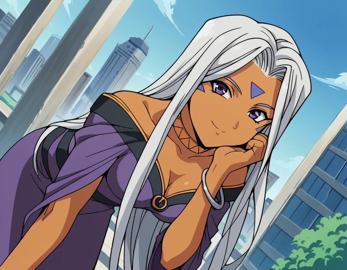score_9, score_8_up, score_7_up, source_anime,
goddessurd, <lora:goddess-urd-s2-ponyxl-lora-nochekaiser:1>,
goddess urd, long hair, purple eyes, white hair, dark skin, dark-skinned female, facial mark, forehead mark,
cleavage, bare shoulders, jewelry, choker, off shoulder, bracelet, dress, purple dress,
outdoors, cityscape, smile, bent over,
looking at viewer, cowboy shot, solo, dutch angle,