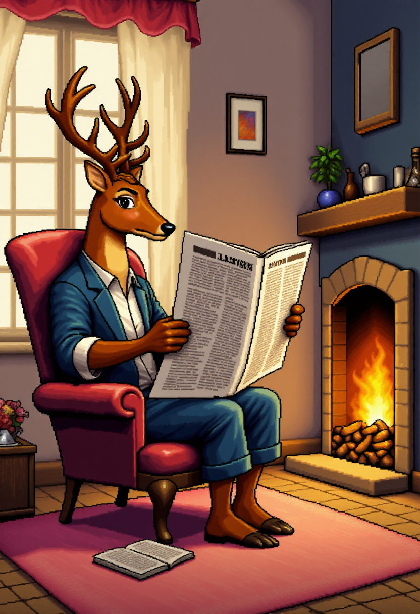 <lora:KFT_2d_Pixel_Style_FLUX-000017:1>
The image is a vibrant kftpxl pixel art illustration featuring    A deer reading a newspaper in a cozy armchair by a fireplace.