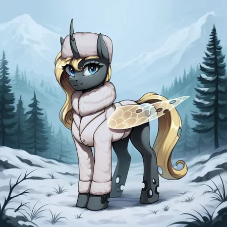 masterpiece, score_9_up, score_8_up, score_7_up, score_6_up, (best quality:1.1), ultra-detailed, high resolution, 1character, solo, Yaria, changeling queen oc, mlp, feral, black skin, long blonde mane, blonde eyebrows, (((beautiful detailed blue eyes))), long eyelashes, single horn, ears, yellow insect wings, closed mouth, white winter coat, fur collar, fur hat, full body, detailed facial features, expressiveh, simple background, highly visible, sharp focus, anatomically correct, detailed background, outside, outdoors, spruce forest in the background, winter, snow