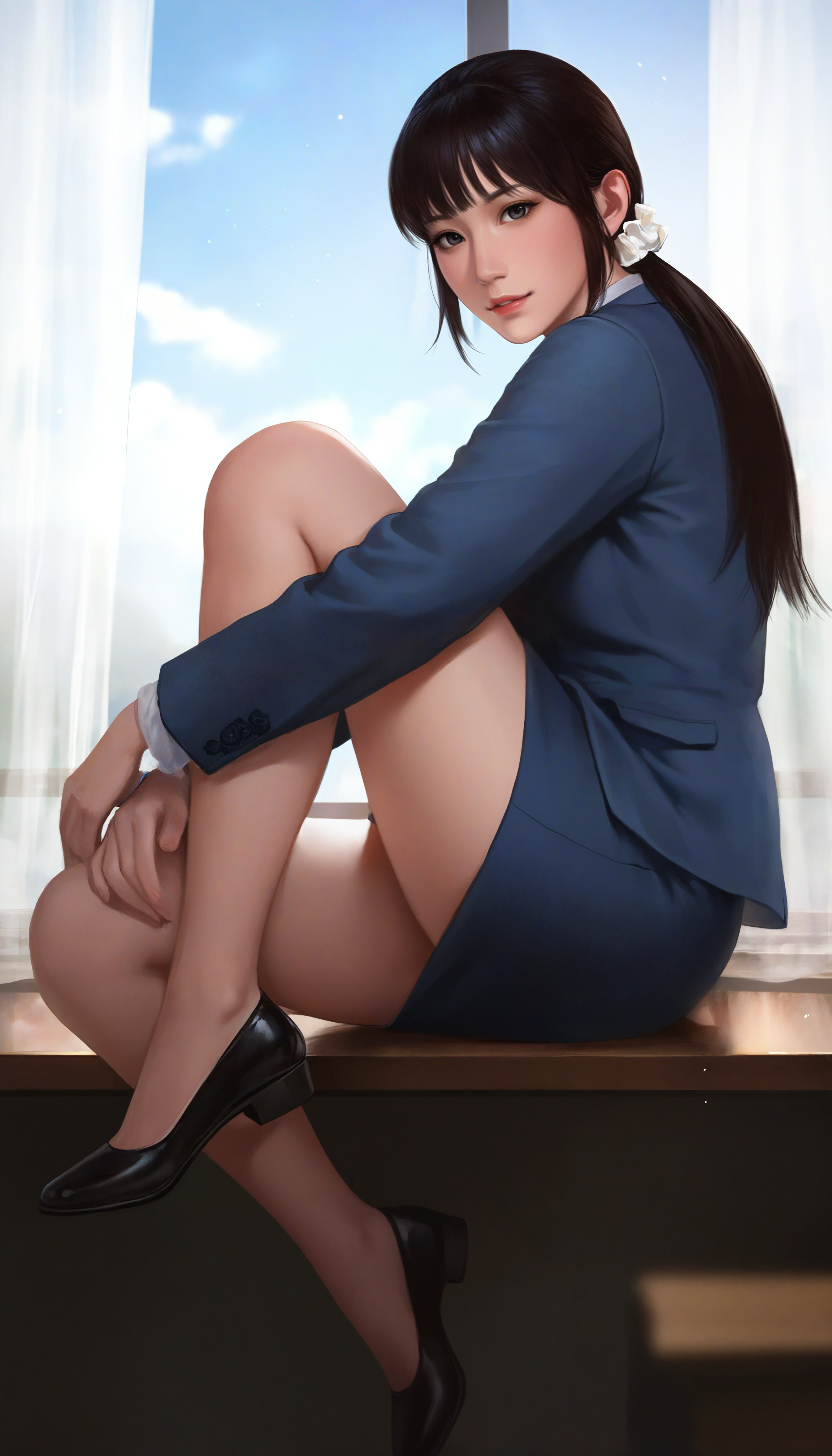 masterpiece,best quality,amazing quality,
<lora:wangyuanjiNAI:1>,wangyuanji,
realistic,
1girl,solo,black hair,blunt bangs,low ponytail,white scrunchie,grey eyes,
blue suit,
blue pencil skirt,
black round toe shoes,
full body,looking at viewer,sitting on the edge of window,hugging one leg,
blue sky,looking at viewer,cloud,window,indoors,office setting,sheer curtains,
depth of field,soft lighting,light particles,fog,