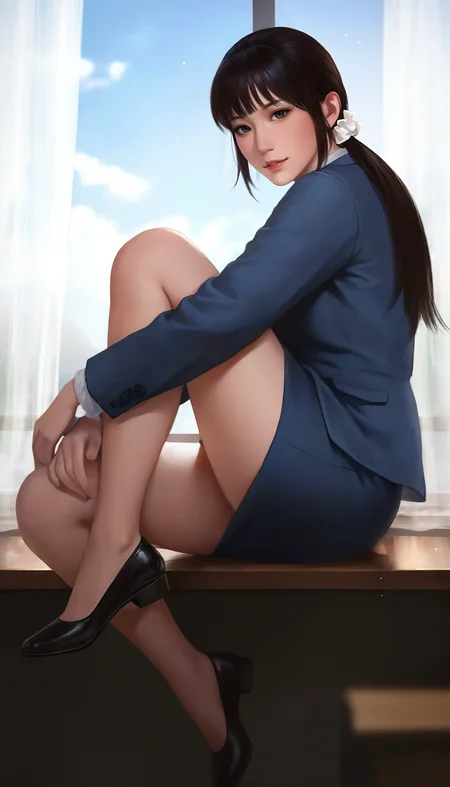 masterpiece,best quality,amazing quality,
<lora:wangyuanjiNAI:1>,wangyuanji,
realistic,
1girl,solo,black hair,blunt bangs,low ponytail,white scrunchie,grey eyes,
blue suit,
blue pencil skirt,
black round toe shoes,
full body,looking at viewer,sitting on the edge of window,hugging one leg,
blue sky,looking at viewer,cloud,window,indoors,office setting,sheer curtains,
depth of field,soft lighting,light particles,fog,