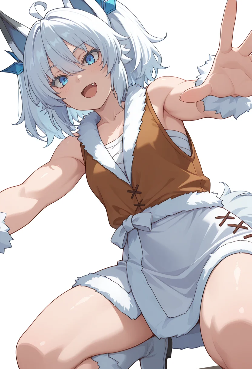 Smooth Quality,masterpiece,very intricate, high quality details, ultra realistic, high detailed skin,detailed enviorement,absurdres,
simple background, white background,
from below,kneeling pose, one hand on the ground, other hand reaching forward, focused gaze, tense muscles, ,happy,
haori, ,button-up vest, ,wrap skirt, ,
<lora:Setsuna_cnn:0.8>setsunacnn,1girl, short hair, hair between eyes,blue eyes, white hair, ahoge, twintails, fang,fur trim,