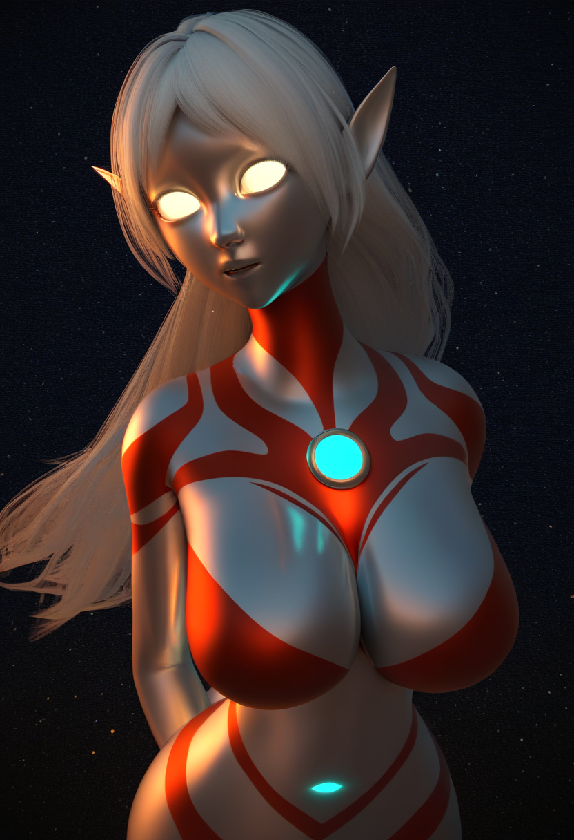 score_9, score_8_up, score_7_up, uncensored BREAK
blender,3D BREAK
1girl, ultrawoman, 
ultxtb, white hair, long hair, white eyes, glowing eyes, shiny skin, pointy ears,
robot, colored skin, large breasts,
hands behind back, looking at viewer,
dark background, simple background, particles, bokeh,
black background,starry background,galaxy background,dark,contrast
<lora:Randommaxx_dark_offset_v1.1_lora_fp16:1>
<lora:UltrawomanXL:1>