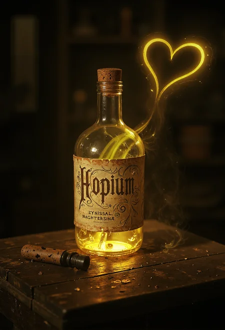 An ancient, magical bottle sits in the dim light of an old, shadowy antique shop, now open, with its cork lying beside it. The bottle is covered in dust, with an aged and brittle banderole wrapped around its neck, parts of it peeling away, revealing delicate, ornate lettering. In intricate, faded script, the word 'Hopium' is scrawled in flowing, whimsical handwriting. The bottle itself is worn, its glass stained with age, yet inside it holds a glowing, vibrant yellow liquid that seems almost alive, softly swirling and releasing faint wisps of steam. As the liquid spills from the open bottle, it forms a mesmerizing yellow vapor that dances into the air, coalescing into the shape of a heart, radiating warmth and enchantment. From the bottle's opening, beams of radiant golden light escape, piercing the dusty air around it and illuminating the swirling heart-shaped mist. The bottle rests atop a rustic, weathered wooden table, its surface scarred from decades of use, surrounded by other forgotten relics and trinkets. The surrounding shadows of the shop feel heavy, filled with the weight of time and mystery, but the glowing bottle and its heart-shaped vapor draw the eye, casting a magical glow on the ancient wood beneath. The scene is moody and enchanted, capturing a sense of forgotten magic and hidden power, infused with a feeling of wonder and allure. <lora:- Flux1 - vanta_black_V1.0.safetensors:0.5>, <lora:flux.1_lora_flyway_Epic-detail_v2.safetensors:0.75>, <lora:aidmaGLOW-FLUX-V0.1.safetensors:0.5>, <lora:n30nfilm.safetensors:0.85>,