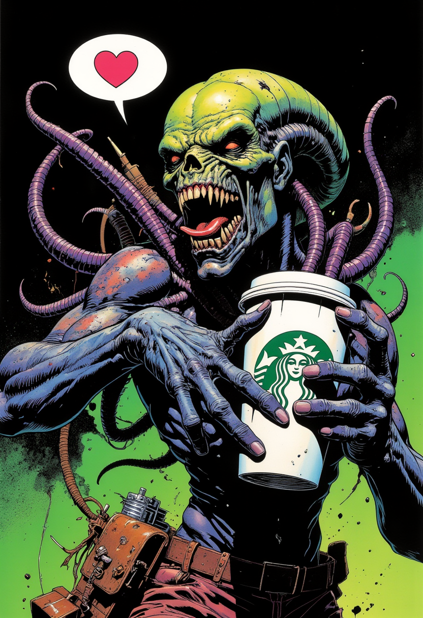 Comic book style, xenomorph is grabbing a starbucks mug, black background, vivid, terrifying, growling, scary, dark mood, speech bubble heart, vivid, colorful, acid green background.