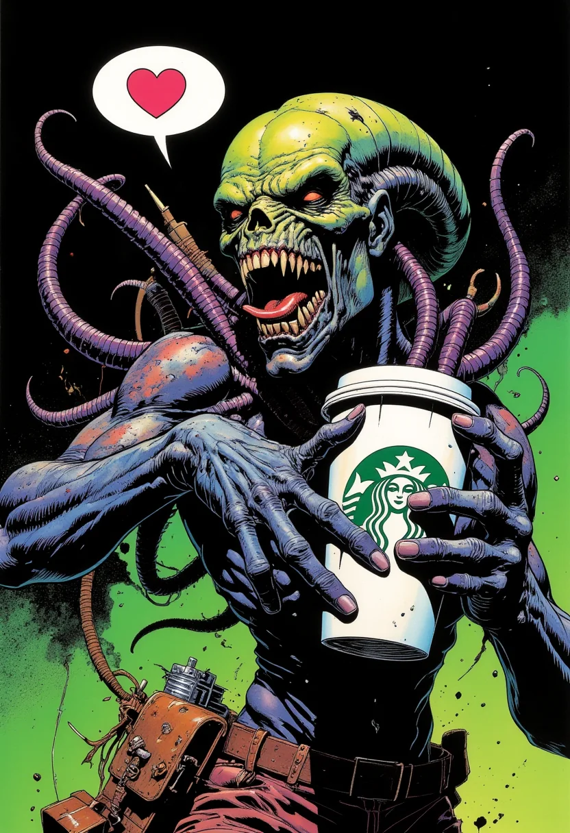Comic book style, xenomorph is grabbing a starbucks mug, black background, vivid, terrifying, growling, scary, dark mood, speech bubble heart, vivid, colorful, acid green background.
