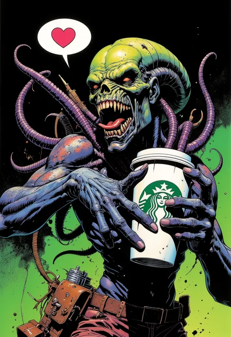 Comic book style, xenomorph is grabbing a starbucks mug, black background, vivid, terrifying, growling, scary, dark mood, speech bubble heart, vivid, colorful, acid green background.