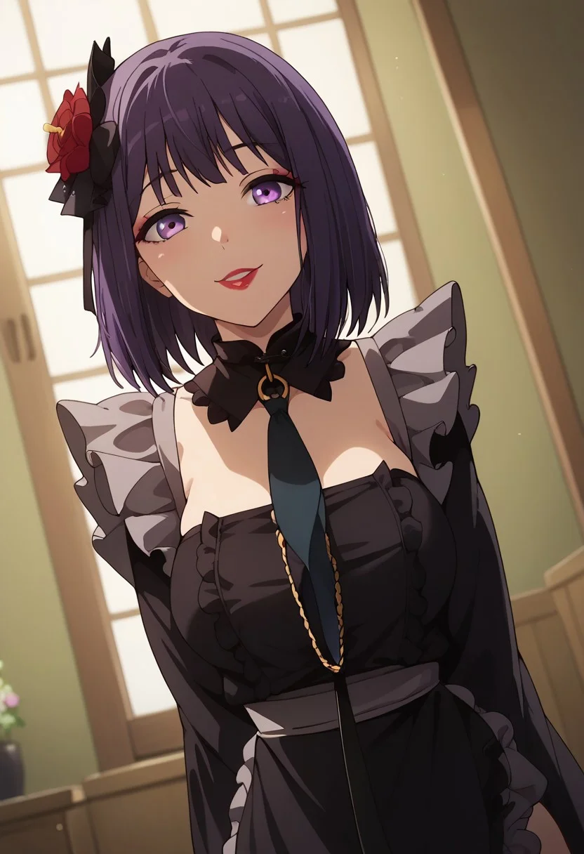 score_9,score_8_up,score_7_up,<lora:Expressive_H:1>,expressiveh,source_anime,best quality,masterpiece, ((high detail)), ((high quality)), ((high eye detail)), ((high face detail)), ((high body detail)), ((depth of field)), ((best quality eyes)), 
<lora:Marin_Kitagawa_My_Dress-Up_Darling__-_Pony_XL:.8>, Shizuku Kuroe, 1girl, ((adult)), (((24 years old))), (mature body), medium breast, ((big ass)), Marin Kitagawa, cosplay, leash, wig, purple eyes, solo, purple hair, apron, frills, black dress, wide sleeves, chain leash, makeup, black dress, lipstick, nail polish, necktie, detached collar, hair ornament, flower, 
look at the viewer, seductive smile, 
((Japanese room)), 
standing, ((Dutch angle 60)), ((upper body)), top view, His hands are hidden behind his back