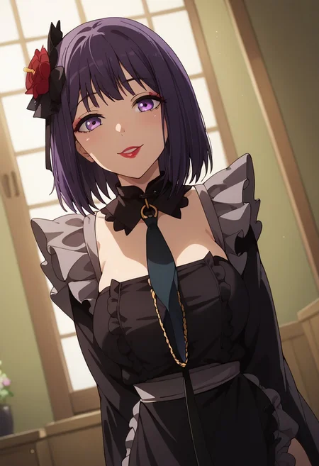 score_9,score_8_up,score_7_up,<lora:Expressive_H:1>,expressiveh,source_anime,best quality,masterpiece, ((high detail)), ((high quality)), ((high eye detail)), ((high face detail)), ((high body detail)), ((depth of field)), ((best quality eyes)),
<lora:Marin_Kitagawa_My_Dress-Up_Darling__-_Pony_XL:.8>, Shizuku Kuroe, 1girl, ((adult)), (((24 years old))), (mature body), medium breast, ((big ass)), Marin Kitagawa, cosplay, leash, wig, purple eyes, solo, purple hair, apron, frills, black dress, wide sleeves, chain leash, makeup, black dress, lipstick, nail polish, necktie, detached collar, hair ornament, flower,
look at the viewer, seductive smile,
((Japanese room)),
standing, ((Dutch angle 60)), ((upper body)), top view, His hands are hidden behind his back