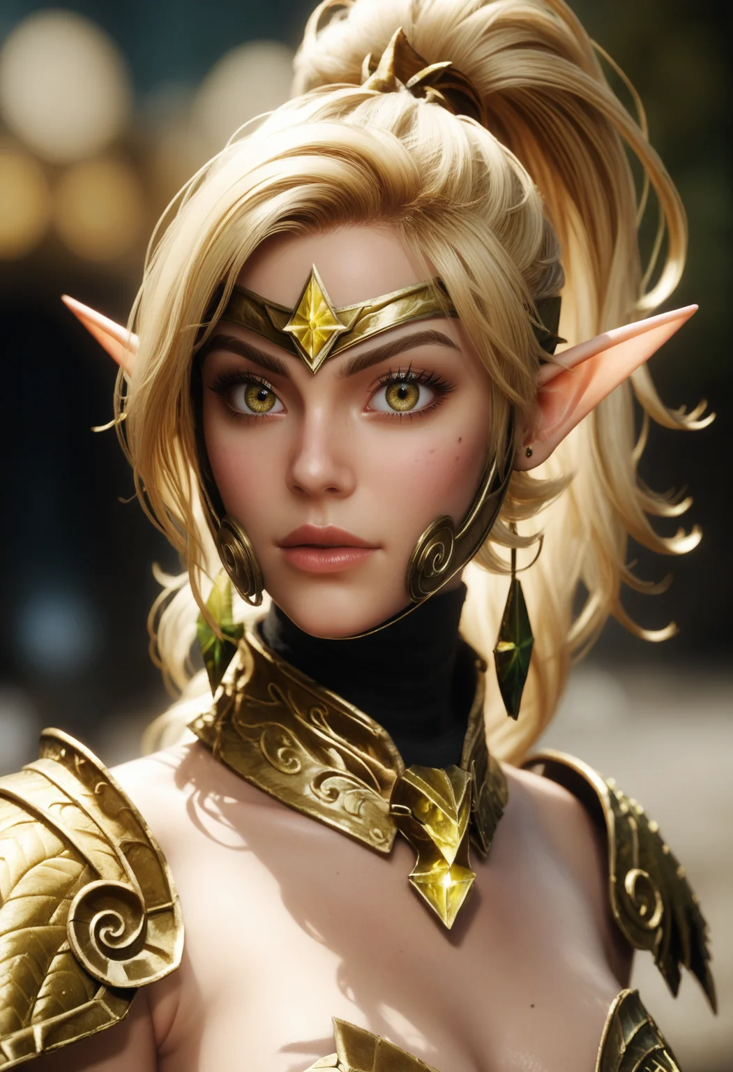score_9, score_8_up, score_7_up, source_photo, realistic,
1girl, solo, elf, pointy ears, blonde hair:high ponytail.
(d4rk3lv3n14, gold armor, gorget, pauldrons, helmet, earrings),
(blurry background, simple background), (looking at viewer, cocked eyebrow), (close-up, portrait, depth of field),
<lora:Dark_ElveniaArmor_Pony_v1.1:0.8>