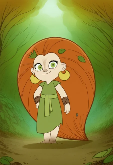(zPDXL3), full body, solo, 1girl, best quality, 1girl, solo, mebh_human, green eyes, long hair, orange hair, earrings, barefoot, earrings, jewelry, leaf, freckles, muddy feet, looking at viewer, smile, dynamic pose, outdoors, forest, dynamic angle