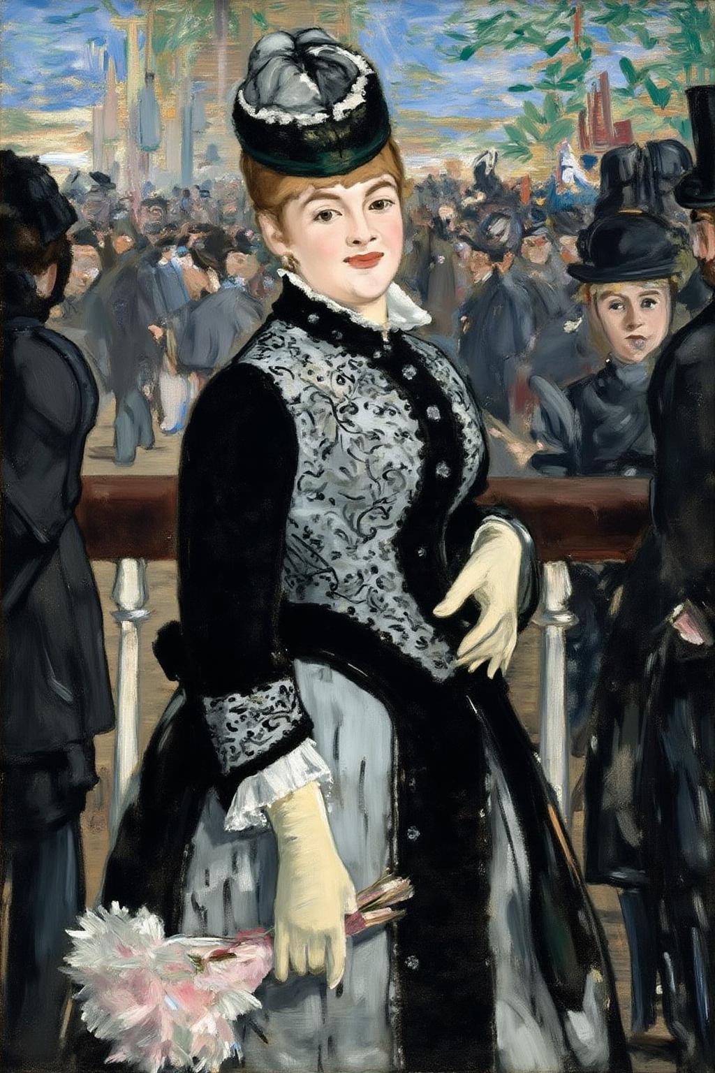 edmanet1 painting. 
The central subject is a woman, show in side profile view, standing beside a wooden railing. She is elegantly dressed in a dark, ornate Victorian-style dress with white lace and intricate black and white floral patterns. She is waring white gloves and is carrying a small bouquet of pink flowers.  She is turning her head side way to look at the viewer, smiling lightly.  There is a crow of people in the background behind her. <lora:edmanet1_cap_d6a3e13:1.0><lora:834763311288525296:0>