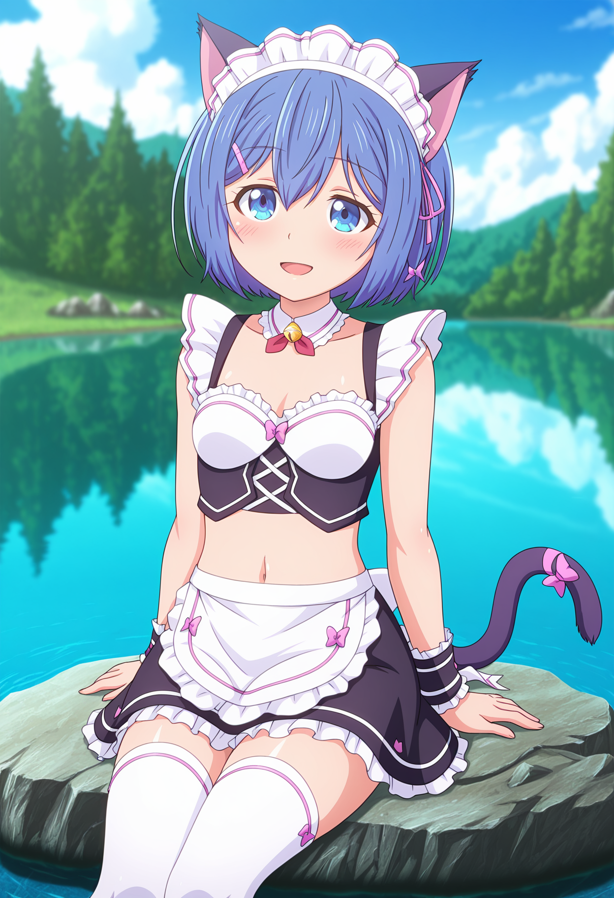 masterpiece, best quality, anime screenshot, anime, 1girl, solo, <lora:Luluk [Illustrious] - HtBaMK pruned:1>, lucha, blue eyes, blue hair, short hair, AAprost, cat ears, crop top, wrist cuffs, waist apron, white apron, black skirt, miniskirt, white thighhighs, cat tail, tail ornament, blue sky, cloudy sky, nature, forest, blurry background, sitting, lake, water, rock, blush, cowboy shot, open mouth, light smile