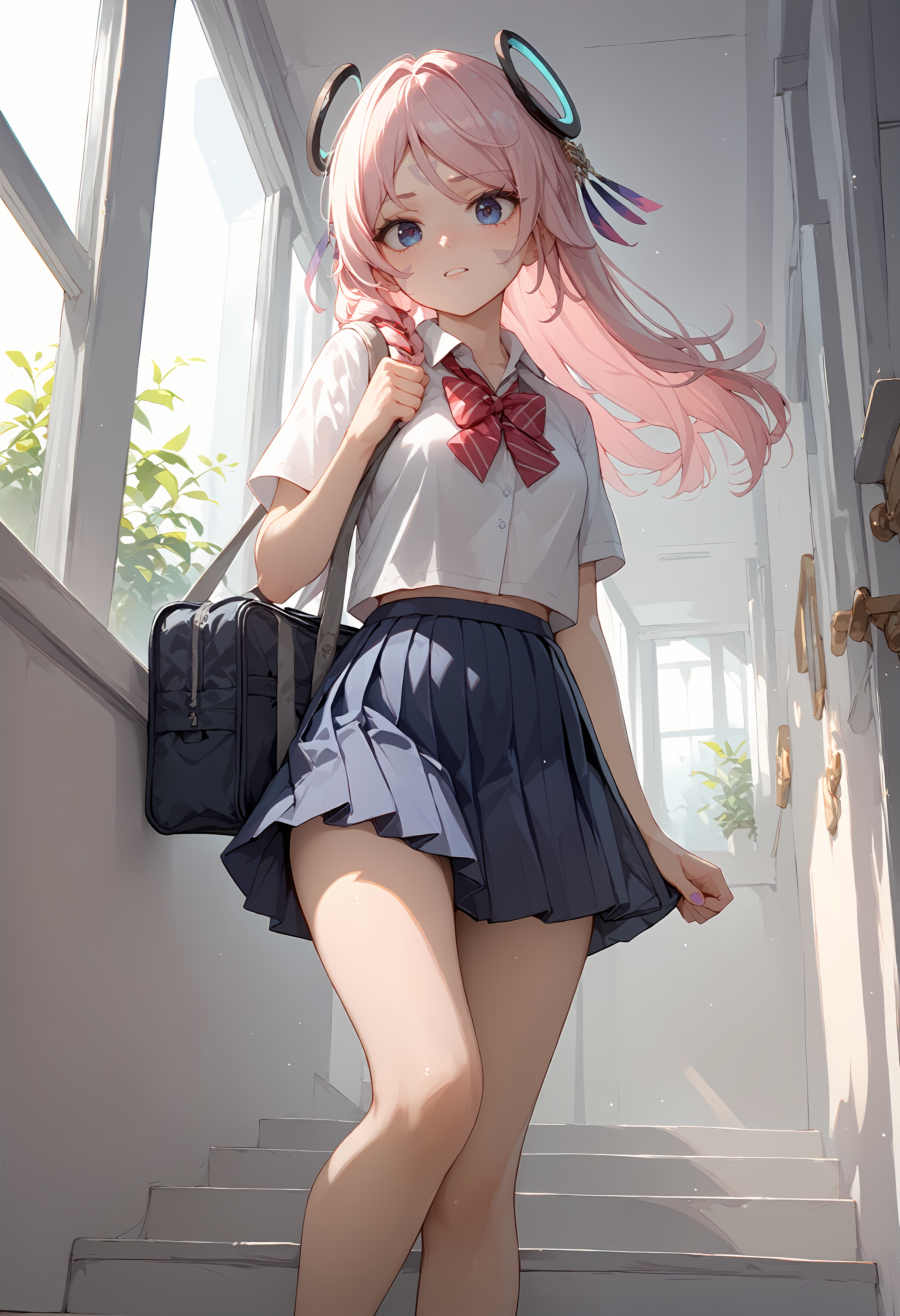 (score_9, score_8_up, score_7_up), 1girl, citlali, hair ornament, school uniform, short sleeves, bare legs, school bag, <lora:citlali-giPO-v1c:0.9>