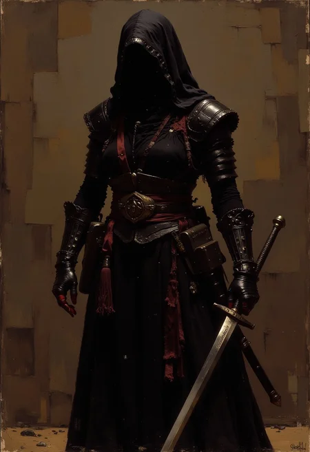 detailed Renaissance oil painting, masterpiece, FredFraiStyle, female Japanese ninja assassin with katana, hood, chiaroscuro, silhouette, weapon, directional lighting, masterpiece, perfect composition, perfect hands, cowboy shot, perfect anatomy.