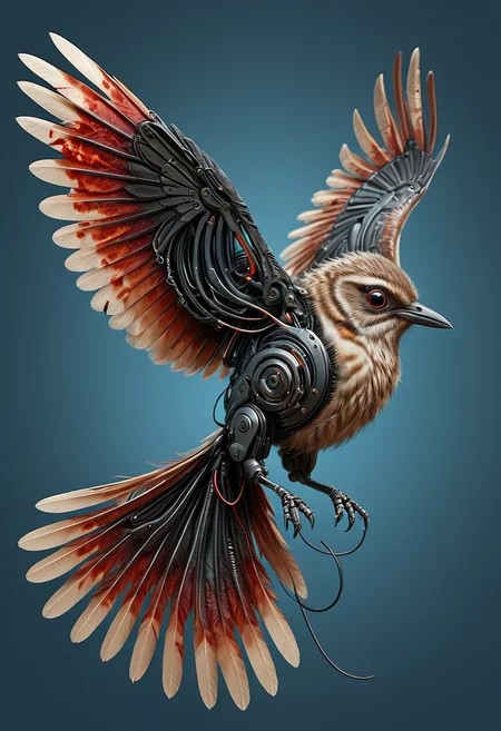A hyperrealistic illustration of a small bird in mid-flight, one wing organic and the other cybernetic with carbon-fiber and wires, bloody tendrils and flesh connections, detailed fusion of feathers and machinery, mobe-cybideen,